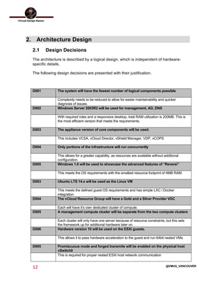 
12	
  
	
  
@VMUG_VANCOUVER
2. Architecture Design
2.1 Design Decisions
The architecture is described by a logical design, which is independent of hardware-
specific details.
The following design decisions are presented with their justification.
D001 The system will have the fewest number of logical components possible
Complexity needs to be reduced to allow for easier maintainability and quicker
diagnosis of issues.
D002 Windows Server 2003R2 will be used for management, AD, DNS
With required roles and a responsive desktop, total RAM utilization is 200MB. This is
the most efficient version that meets the requirements.
D003 The appliance version of core components will be used.
This includes VCSA, vCloud Director, vShield Manager, VDP, vCOPS
D004 Only portions of the infrastructure will run concurrently
This allows for a greater capability, as resources are available without additional
configuration.
D005 Windows 1.0 will be used to showcase the advanced features of “Reversi”
This meets the OS requirements with the smallest resource footprint of 4MB RAM.
D003 Ubuntu LTS 14.x will be used as the Linux VM
This meets the defined guest OS requirements and has simple LXC / Docker
integration
D004 The vCloud Resource Group will have a Gold and a Silver Provider VDC
Each will have it’s own dedicated cluster of compute.
D005 A management compute cluster will be separate from the two compute clusters
Each cluster will only have one server because of resource constraints, but this sets
the framework up for additional hardware later on.
D006 Hardware version 10 will be used on the ESXi guests.
This allows it to pass hardware acceleration to the guest and run 64bit nested VMs
D005 Promiscuous mode and forged transmits will be enabled on the physical host
vSwitch0
This is required for proper nested ESXi host network communication
 