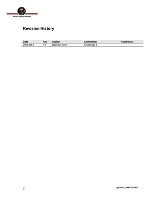  
2	
  
	
  
@VMUG_VANCOUVER
Revision History
Date Rev Author Comments Reviewers
2014-08-5 R1 Daemon Behr Challenge 4
 