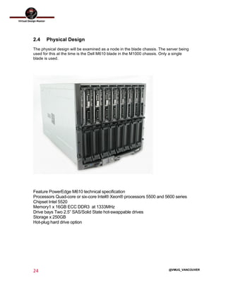  
24	
  
	
  
@VMUG_VANCOUVER
2.4 Physical Design
The physical design will be examined as a node in the blade chassis. The server being
used for this at the time is the Dell M610 blade in the M1000 chassis. Only a single
blade is used.
Feature PowerEdge M610 technical specification
Processors Quad-core or six-core Intel® Xeon® processors 5500 and 5600 series
Chipset Intel 5520
Memory1 x 16GB ECC DDR3 at 1333MHz
Drive bays Two 2.5” SAS/Solid State hot-swappable drives
Storage x 250GB
Hot-plug hard drive option
 