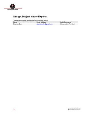  
3	
  
	
  
@VMUG_VANCOUVER
Design Subject Matter Experts
The following people provided key input into this design.
Name Email Address Role/Comments
Daemon Behr daemonbehr@gmail.com Infrastructure Architect
 