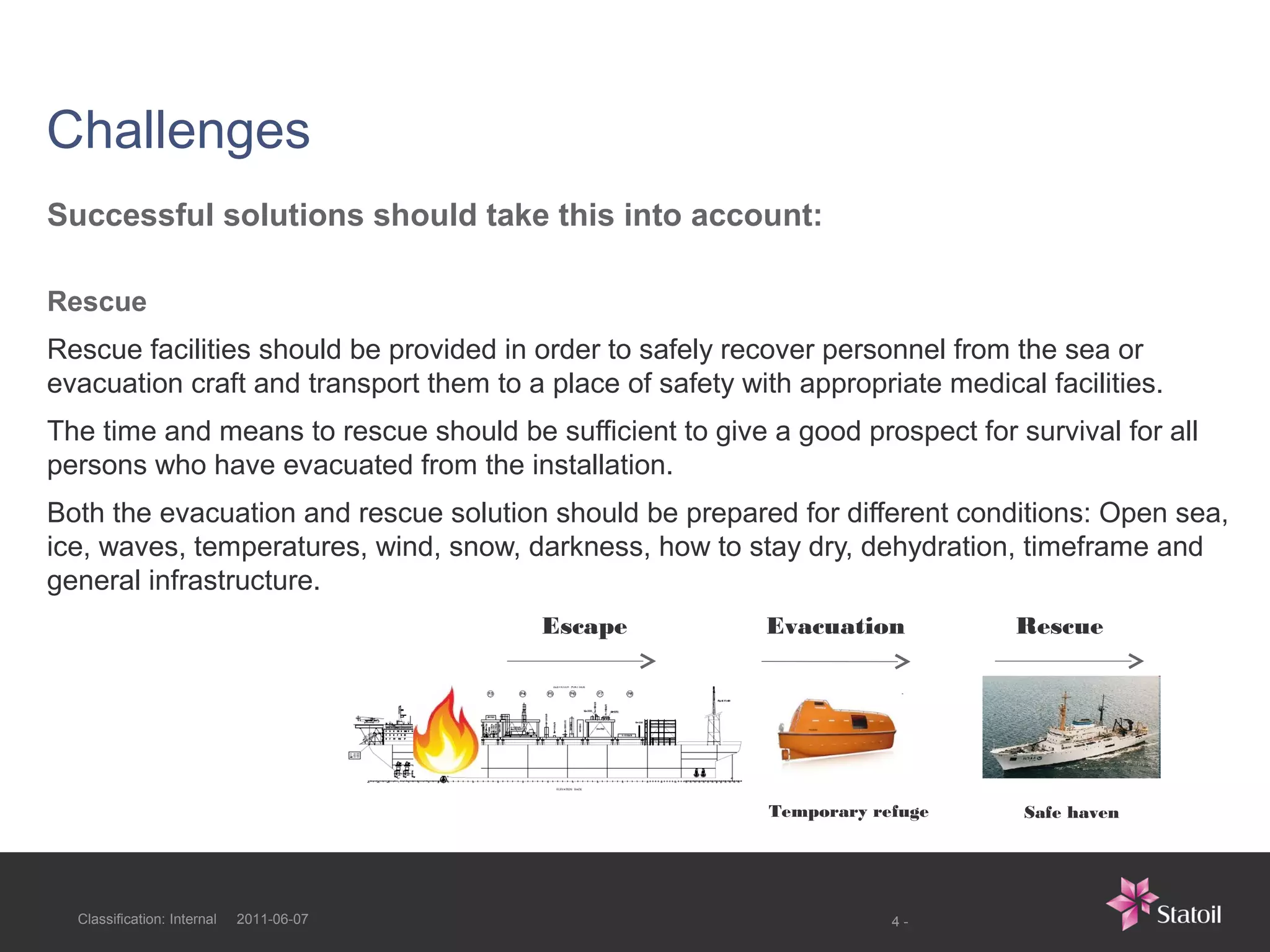 Challenges
Successful solutions should take this into account:

Rescue
Rescue facilities should be provided in order to safely recover personnel from the sea or
evacuation craft and transport them to a place of safety with appropriate medical facilities.
The time and means to rescue should be sufficient to give a good prospect for survival for all
persons who have evacuated from the installation.
Both the evacuation and rescue solution should be prepared for different conditions: Open sea,
ice, waves, temperatures, wind, snow, darkness, how to stay dry, dehydration, timeframe and
general infrastructure.
                                          Escape           Evacuation           Rescue




                                                            Temporary refuge     Safe haven




  Classification: Internal   2011-06-07                                 4-
 