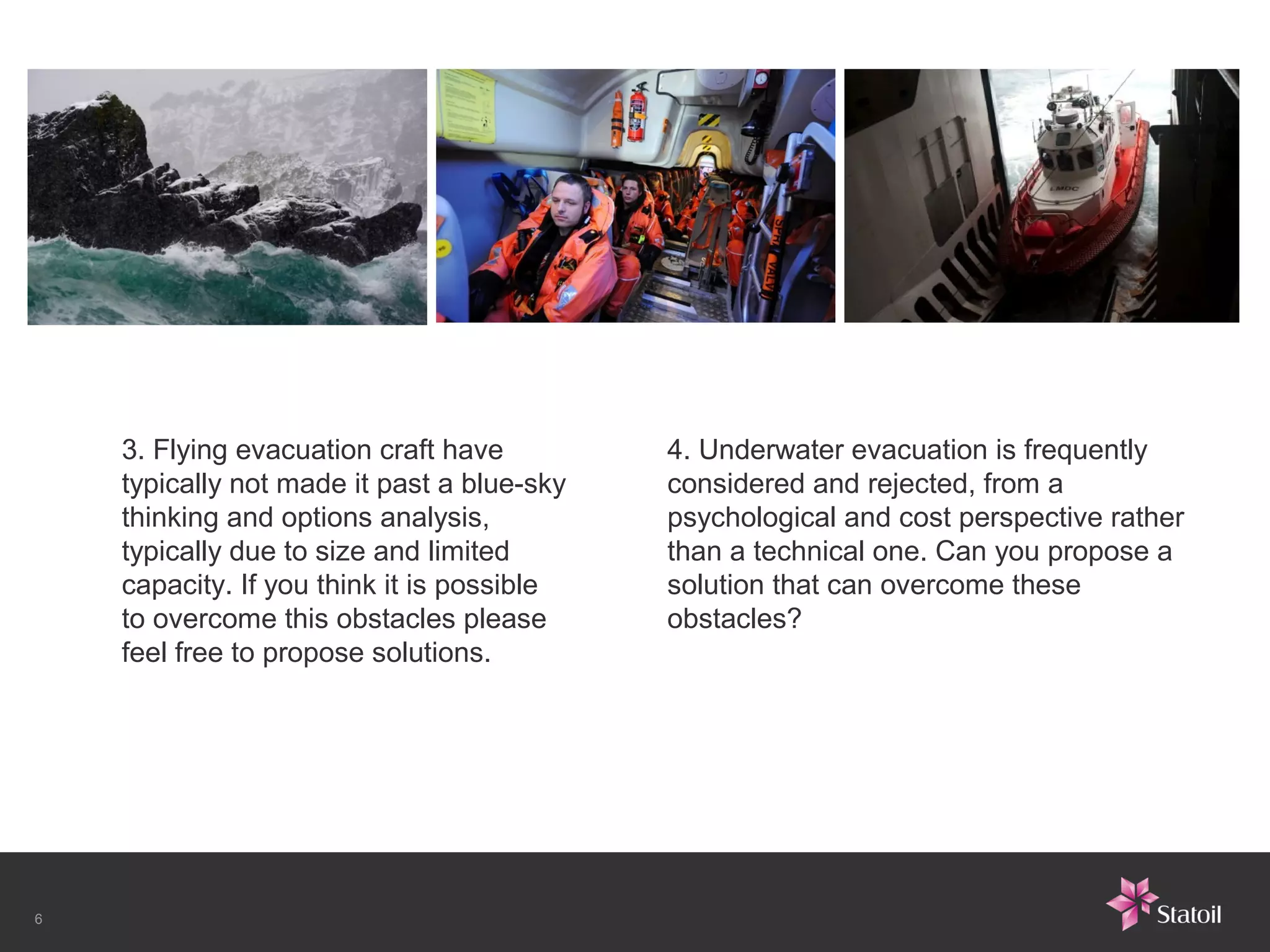 3. Flying evacuation craft have         4. Underwater evacuation is frequently
    typically not made it past a blue-sky   considered and rejected, from a
    thinking and options analysis,          psychological and cost perspective rather
    typically due to size and limited       than a technical one. Can you propose a
    capacity. If you think it is possible   solution that can overcome these
    to overcome this obstacles please       obstacles?
    feel free to propose solutions.




6
 