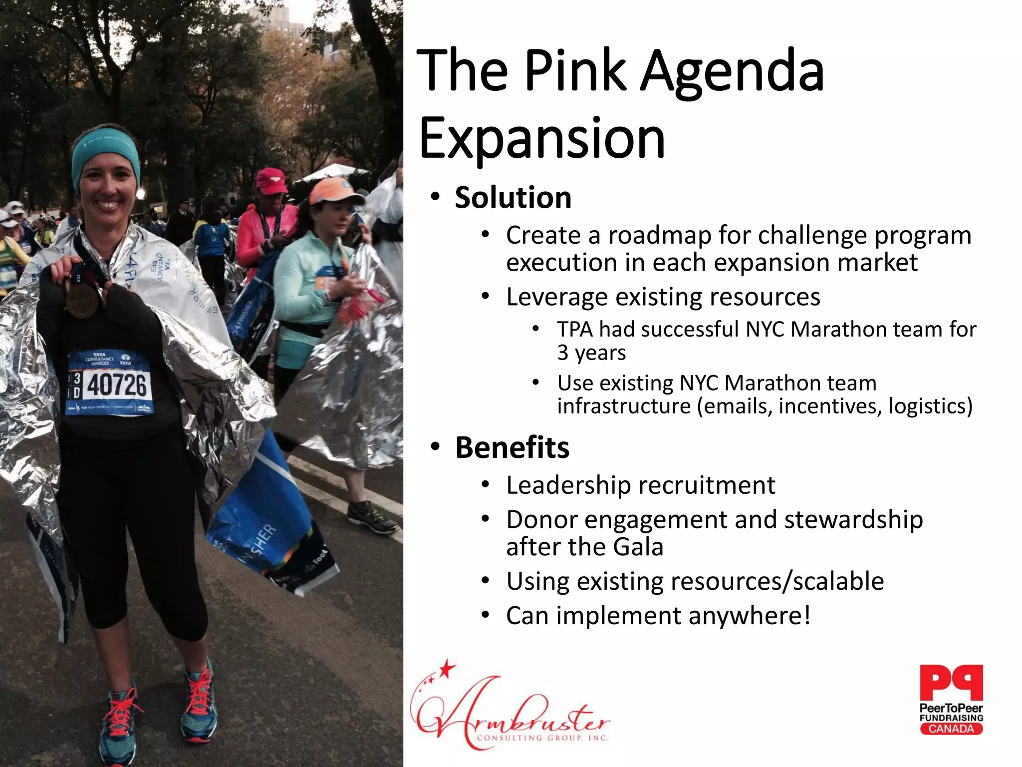 The Pink Agenda
Expansion
• Solution
• Create a roadmap for challenge program
execution in each expansion market
• Leverage existing resources
• TPA had successful NYC Marathon team for
3 years
• Use existing NYC Marathon team
infrastructure (emails, incentives, logistics)
• Benefits
• Leadership recruitment
• Donor engagement and stewardship
after the Gala
• Using existing resources/scalable
• Can implement anywhere!
 