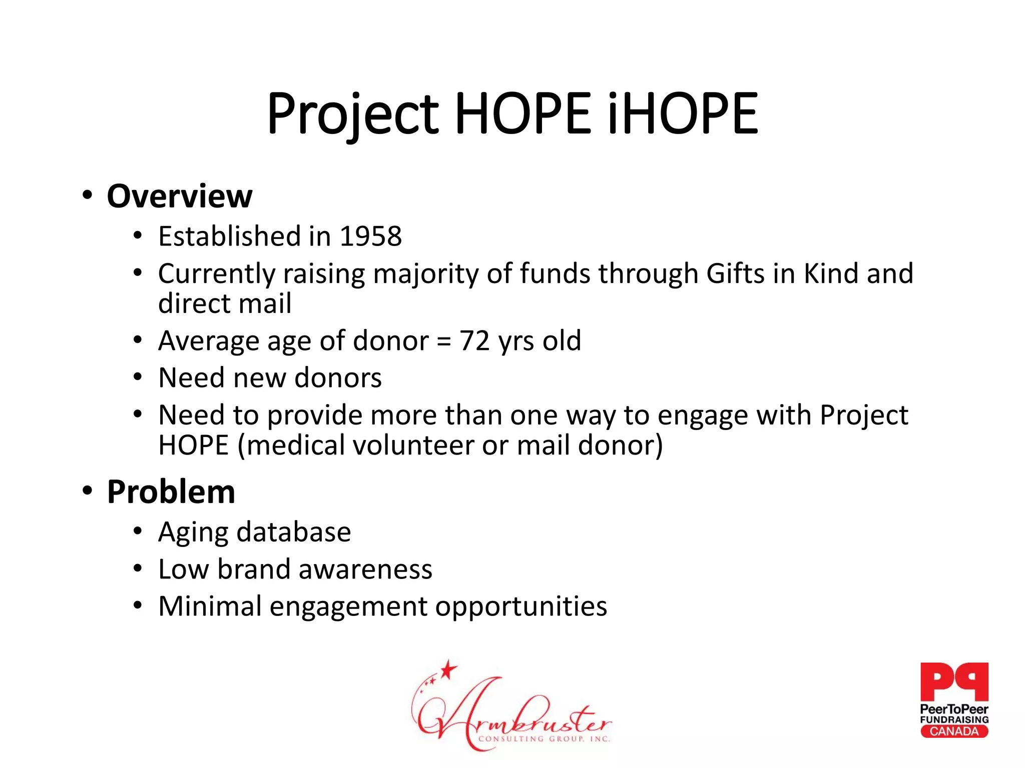 Project HOPE iHOPE
• Overview
• Established in 1958
• Currently raising majority of funds through Gifts in Kind and
direct mail
• Average age of donor = 72 yrs old
• Need new donors
• Need to provide more than one way to engage with Project
HOPE (medical volunteer or mail donor)
• Problem
• Aging database
• Low brand awareness
• Minimal engagement opportunities
 