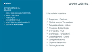 • ROTA E DIMENSIONAMENTO DE FROTA
• ARRANJO DE CARGA
• PALETIZAÇÃO
• ALOCAÇÃO DE DOCAS
• MONITORAMENTO & RASTREAMENTO
• GESTÃO DE INDICADORES
COCKPIT LOGÍSTICO
KPIs avaliados no sistema:
 Programado x Realizado
 Nível de serviço x Transportador
 Recusa de entrega x motivos
 Frequência de ocorrências
 OTIF (on time in full)
 Ocorrências x Transportador
 Descarregamento x Cliente
 Carregamento x Doca
 Dispersão da demanda
 Distribuição de frota
CARACTERÍSTICAS DA
SOLUÇÃO
 