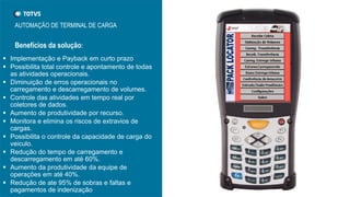 AUTOMAÇÃO DE TERMINAL DE CARGA
Benefícios da solução:
 Implementação e Payback em curto prazo
 Possibilita total controle e apontamento de todas
as atividades operacionais.
 Diminuição de erros operacionais no
carregamento e descarregamento de volumes.
 Controle das atividades em tempo real por
coletores de dados.
 Aumento de produtividade por recurso.
 Monitora e elimina os riscos de extravios de
cargas.
 Possibilita o controle da capacidade de carga do
veiculo.
 Redução do tempo de carregamento e
descarregamento em até 60%.
 Aumento da produtividade da equipe de
operações em até 40%.
 Redução de ate 95% de sobras e faltas e
pagamentos de indenização
 