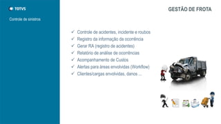 Controle de multas
GESTÃO DE FROTA
 Registro das infrações de trânsito
 Situação de pagamento da infração
 Identificar as causas e os envolvidos
 Entrada de recursos
 Solicitação de pedido de restituição
 Relatório de Pontos na Carteira
 
