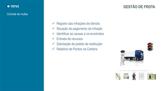 Controle de documentos
GESTÃO DE FROTA
 Integração com Contas a Pagar
 Geração de documentos à vencer
 Tabelas de taxas do Detran por estado
 Controle de Custo/Honorários por despachantes
 Relatórios de previsão por estado
 Relatórios gerenciais com indicadores
IPVA
DPVAT
CRLV
Penhora
Leasing
Manifesto de
Transporte
 