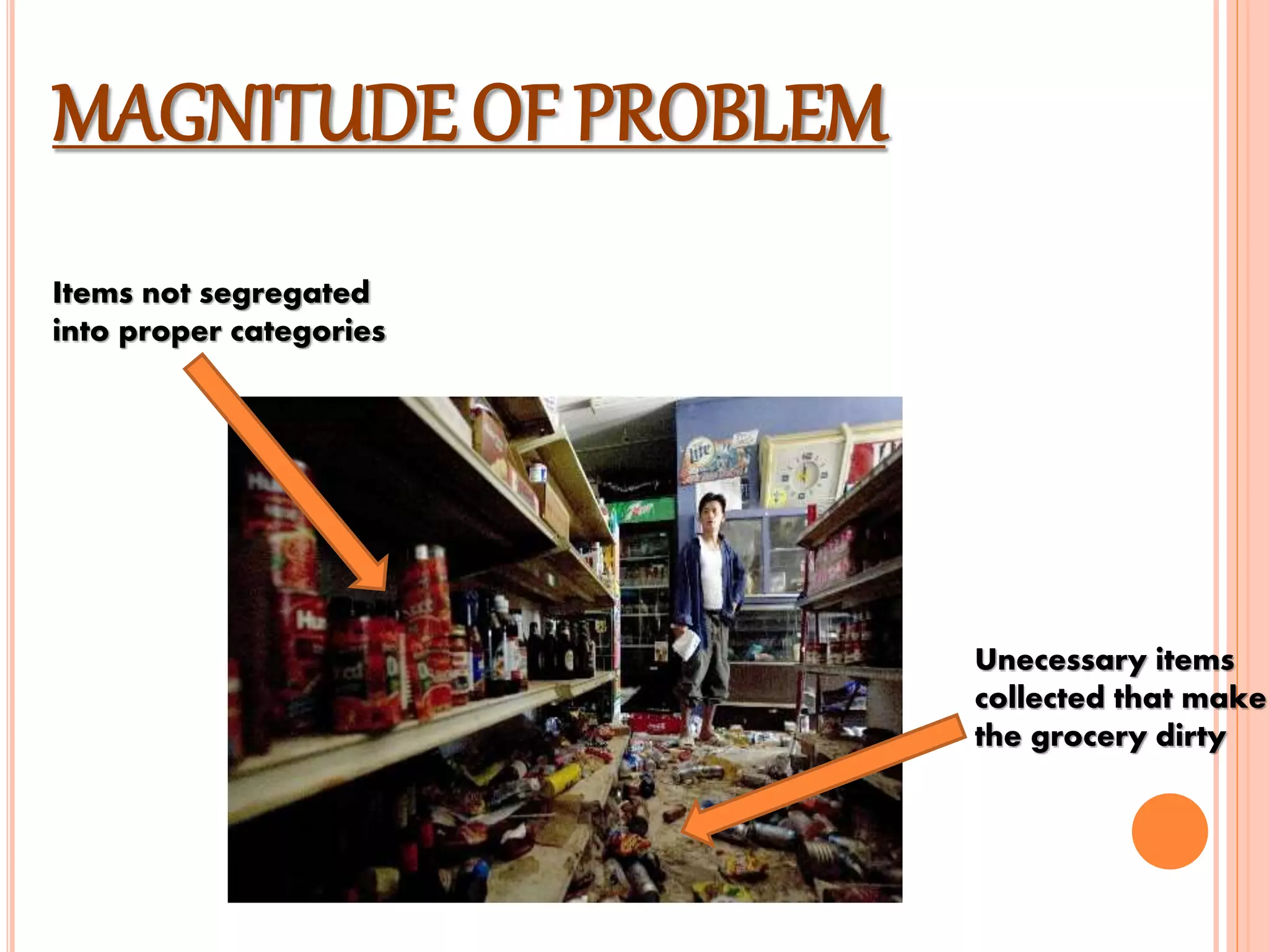 MAGNITUDE OF PROBLEM
Unecessary items
collected that make
the grocery dirty
Items not segregated
into proper categories
 