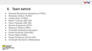 6. Team behind
● Marcela Bindzárová Gergeľová (TUKE)
● Radoslav Delina (TUKE)
● Csaba Sidor (TUKE)
● Martin Tuchyňa (ME SR)
● Peter Pastorek (ME SR)
● Monika Supeková (SVP)
● Radovan Hilbert (YMS)
● František Zadražil (Lesprojekt)
● Dmitrii Kozhukh (Plan4All)
● Pavel Hájek (UWB)
● Kinga Dombiová (GCCA SR)
● Christoph Ramshorn (Meteoblue)
 