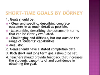 1. Goals should be:
 - Clear and specific, describing concrete
outcomes in as much detail as possible.
 - Measurable, describing the outcome in terms
that can be clearly evaluated.
 - Challenging and difficult, but not outside the
range of students’ capabilities.
 -Realistic.
2. Goals should have a stated completion date.
3. Both short and long term goals should be set.
4. Teachers should provide feedback that increases
the students capability of and confidence in
obtaining the goal.
 