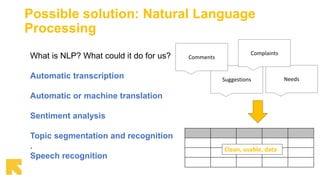Possible solution: Natural Language
Processing
What is NLP? What could it do for us?
Automatic transcription
Automatic or ...