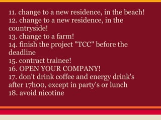 11. change to a new residence, in the beach!
12. change to a new residence, in the
countryside!
13. change to a farm!
14. finish the project "TCC" before the
deadline
15. contract trainee!
16. OPEN YOUR COMPANY!
17. don't drink coffee and energy drink's
after 17h00, except in party's or lunch
18. avoid nicotine
 