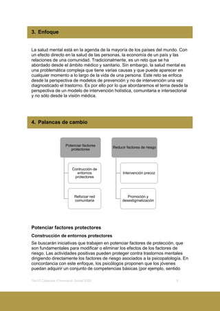 10x10 Càpsules d’Innovació Social 2020 9
3. Enfoque
La salud mental está en la agenda de la mayoría de los países del mundo. Con
un efecto directo en la salud de las personas, la economía de un país y las
relaciones de una comunidad. Tradicionalmente, es un reto que se ha
abordado desde el ámbito médico y sanitario. Sin embargo, la salud mental es
una problemática compleja que tiene varias causas y que puede aparecer en
cualquier momento a lo largo de la vida de una persona. Este reto se enfoca
desde la perspectiva de modelos de prevención y no de intervención una vez
diagnosticado el trastorno. Es por ello por lo que abordaremos el tema desde la
perspectiva de un modelo de intervención holística, comunitaria e intersectorial
y no sólo desde la visión médica.
4. Palancas de cambio
Potenciar factores protectores
Construcción de entornos protectores
Se buscarán iniciativas que trabajen en potenciar factores de protección, que
son fundamentales para modificar o eliminar los efectos de los factores de
riesgo. Las actividades positivas pueden proteger contra trastornos mentales
dirigiendo directamente los factores de riesgo asociados a la psicopatología. En
concordancia con este enfoque, los psicólogos proponen que los jóvenes
puedan adquirir un conjunto de competencias básicas (por ejemplo, sentido
Potenciar factores
protectores
Contrucción de
entornos
protectores
Reforzar red
comunitaria
Reducir factores de riesgo
Intervención precoz
Promoción y
desestigmatización
 