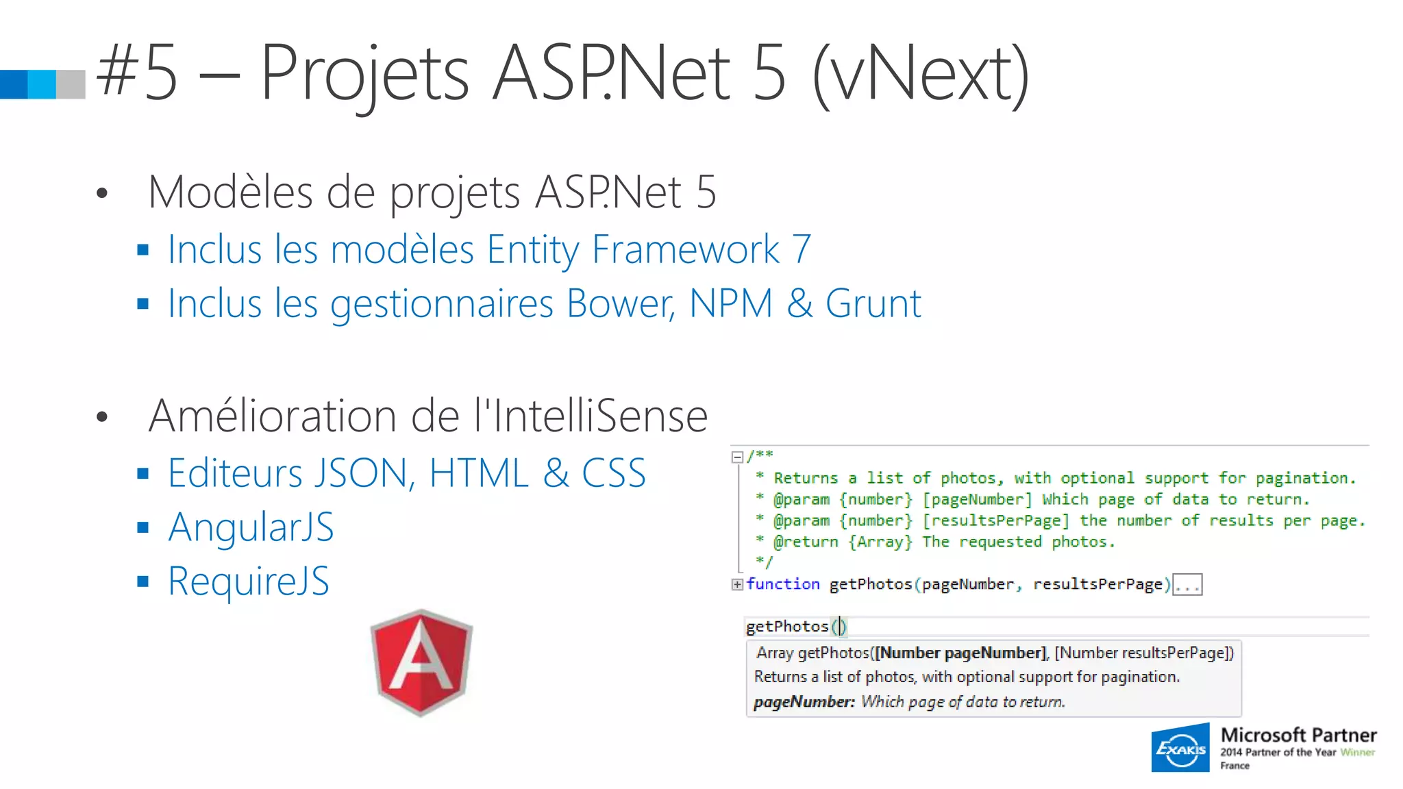  Inclus les modèles Entity Framework 7
 Inclus les gestionnaires Bower, NPM & Grunt
 Editeurs JSON, HTML & CSS
 AngularJS
 RequireJS
 