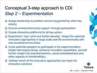 Conceptual 3-step approach to CDI
Step 2 – Experimentation
 Assign leadership to problem owners (supported by other key
  actors)
 Ensure society/community support through participation
 Create interactive platforms for all key actors
 Experiment / test / pilot and further develop / shape the selected
  innovative approaches in large scale real life environments with
  real societies/communities
 Invite potential adopters to participate in the experimentation
  (foster learning-by-doing, enhance innovation capabilities, provide
  further insight into potential barriers, social embeddedness and
  other aspects of transferability.)
 Validate which of the innovative approaches can lead into
  innovative solutions

                                                      DM 01-2013   Copyright © Tekes
 