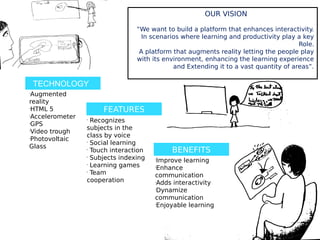 OUR VISION

                                 “We want to build a platform that enhances interactivity.
                                   In scenarios where learning and productivity play a key
                                                                                      Role.
                                  A platform that augments reality letting the people play
                                 with its environment, enhancing the learning experience
                                             and Extending it to a vast quantity of areas”.

    TECHNOLOGY
•
 Augmented
reality
•
 HTML 5               FEATURES
•
 Accelerometer   •
                   Recognizes
•
 GPS
                 subjects in the
•
 Video trough
                 class by voice
•
 Photovoltaic    •
                   Social learning
Glass            •
                   Touch interaction        BENEFITS
                 •
                   Subjects indexing   •
                                        Improve learning
                 •
                   Learning games      •
                                        Enhance
                 •
                   Team                communication
                 cooperation           •
                                        Adds interactivity
                                       •
                                        Dynamize
                                       communication
                                       •
                                        Enjoyable learning
 