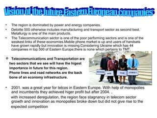 •   The region is dominated by power and energy companies.
•   Deloitte 500 otherwise includes manufacturing and transport sector as second best.
    Metallurgy is one of the main products.
•   The Telecommunication sector is one of the poor performing sectors and is one of the
    weakest links of these economies.Mobile phone market is up and users of handsets
    have grown rapidly but innovation is missing.Considering Ukraine which has 44
    companies in top 500 of Eastern Europe,there is none which pertains to TMT.

 Telecommunications and Transportation are
 two sectors that we see will have the higest
 importance in future for this region.
 Phone lines and road networks are the back
 bone of an economy infrastructure.

•   2001. was a great year for telcos in Eastern Europe. With help of monopolies
    and incumbents they achieved higer profit but after 2004. ,
    with increased deregulation, the region face stagnancy in telecom sector
    growth and innovation as monopolies broke down but did not give rise to the
    expected competition
 