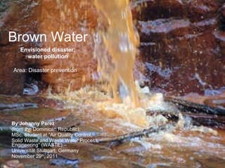 Brown Water By Johanny Perez   (from the Dominican Republic); MSc. Student at “Air Quality Control,  Solid Waste and Waste Water Process Engineering” (WASTE) –  Universität Stuttgart, Germany  November 29 th , 2011 Envisioned disaster: water pollution Area: Disaster prevention 