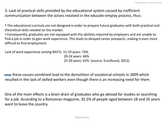 Experience and discover


2. Lack of practical skills provided by the educational system caused by inefficient
communication between the actors involved in the educate-employ process, thus:

• The educational curricula are not designed in order to prepare future graduates with both practical and
theoretical skills needed on the market.
• Consequently, graduates are not equipped with the abilities required by employers and are unable to
find a job in order to gain work experience. This leads to delayed career prospects, making it even more
difficult to find employment.

Lack of work experience among NEETs: 15-19 years: 73%
                                     20-24 years: 46%
                                     25-30 years: 62% (source: Eurofound, 2012)


    these causes combined lead to the demolition of vocational schools in 2009 which
resulted in the lack of skilled workers even though there is an increasing need for them


One of the main effects is a brain drain of graduates who go abroad for studies or searching
for a job. According to a Romanian magazine, 32.2% of people aged between 18 and 35 years
want to leave the country.


                                               Team Hearts
 
