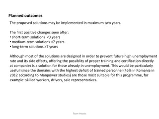 Planned outcomes
The proposed solutions may be implemented in maximum two years.

The first positive changes seen after:
• short-term solutions <3 years
• medium-term solutions <7 years
• long-term solutions >7 years

Although most of the solutions are designed in order to prevent future high unemployment
rate and its side effects, offering the possiblity of proper training and certification directly
at companies is a solution for those already in unemployment. This would be particularly
usefull since the domains with the highest deficit of trained personnel (45% in Romania in
2012 according to Manpower studies) are those most suitable for this programme, for
example: skilled workers, drivers, sale representatives.




                                         Team Hearts
 
