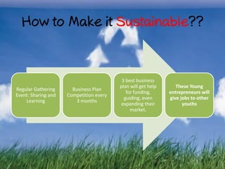 3 best business
                                         plan will get help      These Young
Regular Gathering      Business Plan
                                            for funding,      entrepreneurs will
Event: Sharing and   Competition every
                                           guiding, even      give jobs to other
    Learning             3 months
                                          expanding their           youths
                                              market.
 