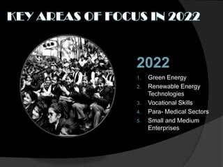2022
1.   Green Energy
2.   Renewable Energy
     Technologies
3.   Vocational Skills
4.   Para- Medical Sectors
5.   Small and Medium
     Enterprises
 