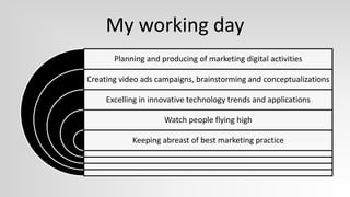 My working day
       Planning and producing of marketing digital activities

Creating video ads campaigns, brainstorming and conceptualizations

     Excelling in innovative technology trends and applications

                     Watch people flying high

            Keeping abreast of best marketing practice
 