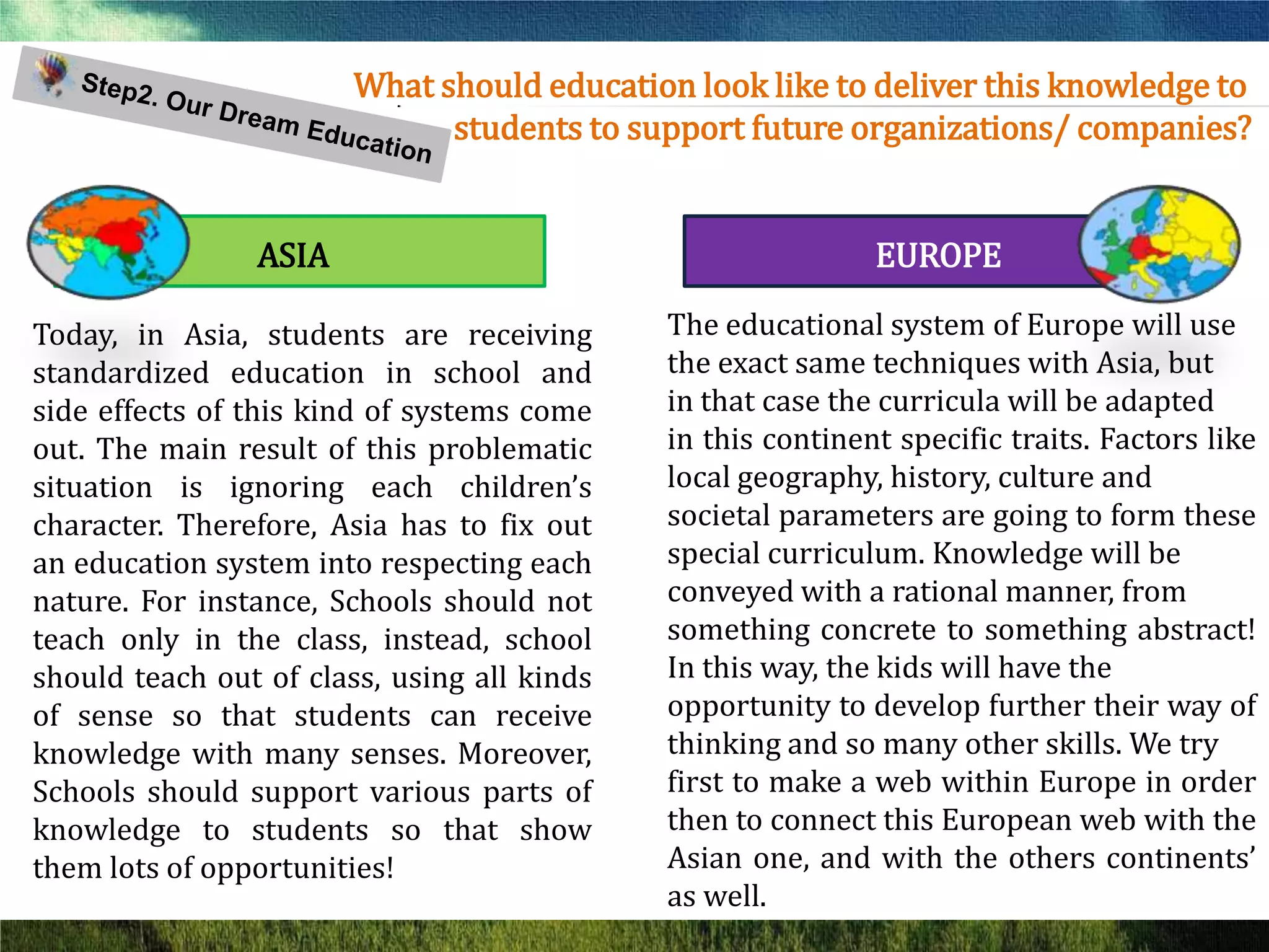What should education look like to deliver this knowledge to
                              students to support future organizations/ companies?


                ASIA                                         EUROPE

Today, in Asia, students are receiving       The educational system of Europe will use
standardized education in school and         the exact same techniques with Asia, but
side effects of this kind of systems come    in that case the curricula will be adapted
out. The main result of this problematic     in this continent specific traits. Factors like
situation is ignoring each children’s        local geography, history, culture and
character. Therefore, Asia has to fix out    societal parameters are going to form these
an education system into respecting each     special curriculum. Knowledge will be
nature. For instance, Schools should not     conveyed with a rational manner, from
teach only in the class, instead, school     something concrete to something abstract!
should teach out of class, using all kinds   In this way, the kids will have the
of sense so that students can receive        opportunity to develop further their way of
knowledge with many senses. Moreover,        thinking and so many other skills. We try
Schools should support various parts of      first to make a web within Europe in order
knowledge to students so that show           then to connect this European web with the
them lots of opportunities!                  Asian one, and with the others continents’
                                             as well.
 
