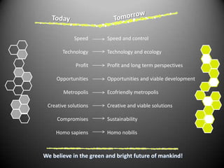 TomorrowTodaySpeedTechnologyProfitOpportunitiesMetropolisCreative solutionsCompromisesHomo sapiens Speed and controlTechnology and ecologyProfit and long term perspectivesOpportunities and viable developmentEcofriendly metropolisCreative and viable solutionsSustainabilityHomo nobilisWe believe in the green and bright future ofmankind! 
