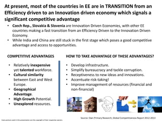 At present, most of the countries in EE are in TRANSITION from an
    Efficiency driven to an Innovation driven economy which signals a
    significant competitive advantage
       • Czech Rep., Slovakia & Slovenia are Innovation Driven Economies, with other EE
         countries making a fast transition from an Efficiency Driven to the Innovation Driven
         Economy.
       • While India and China are still stuck in the first stage which poses a good competitive
         advantage and access to opportunities.

       COMPETITIVE ADVANTAGES                                                           HOW TO TAKE ADVANTAGE OF THESE ADVANTAGES?

         • Relatively inexpensive                                                       •   Develop infrastructure.
           yet talented workforce.                                                      •   Simplify bureaucracy and tackle corruption.
         • Cultural similarity                                                          •   Receptiveness to new ideas and innovations.
           between East and West                                                        •   Accentuate risk-taking!
           Europe.                                                                      •   Improve management of resources (financial and
         • Geographical                                                                     non-financial)
           Advantage.
         • High Growth Potential.
         • Unexplored resources.


                                                                                                 Source: Own Primary Research; Global Competitiveness Report 2012-2013
Every picture used in this presentation are the copyright of their respective owners.
 