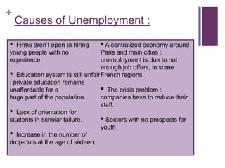 +
    Causes of Unemployment :

• Firms aren’t open to hiring    • A centralized economy around
young people with no               Paris and main cities :
experience.                        unemployment is due to not
                                   enough job offers, in some
• Education system is still unfair French regions.
: private education remains
unaffordable for a                 • The crisis problem :
huge part of the population.       companies have to reduce their
                                   staff.
• Lack of orientation for
students in scholar failure.       • Sectors with no prospects for
                                   youth
• Increase in the number of
drop-outs at the age of sixteen.
 
