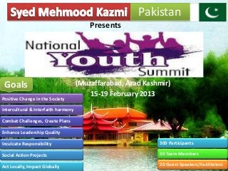 (Muzaffarabad, Azad Kashmir)
15-19 February 2013
Presents
Goals
Pakistan
300 Participants
30 Team Members
20 Guest Speakers/Facilitators
Positive Change in the Society
Intercultural & Interfaith harmony
Combat Challenges, Create Plans
Enhance Leadership Quality
Inculcate Responsibility
Social Action Projects
Act Locally, Impact Globally
 