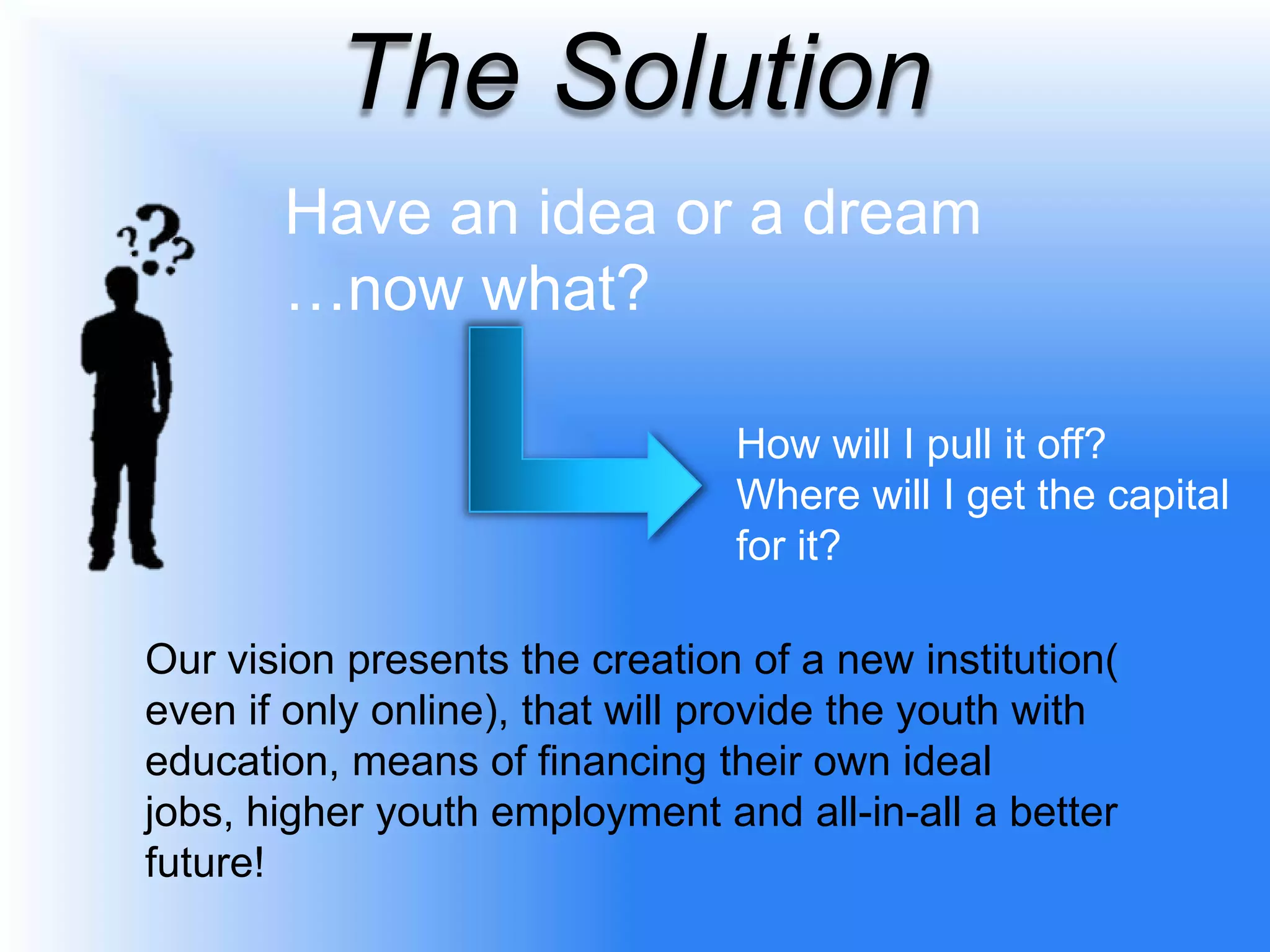 The Solution
       Have an idea or a dream
       …now what?

                                How will I pull it off?
                                Where will I get the capital
                                for it?

Our vision presents the creation of a new institution(
even if only online), that will provide the youth with
education, means of financing their own ideal
jobs, higher youth employment and all-in-all a better
future!
 