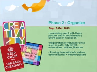 Phase 2 : Organize
Sept. & Oct. 2013
• promoting event with flyers,
posters and in social media (
Event page in Facebook)
•Registration of volunteer units
such as café, City BOOK,
universities , offices, libraries
• Proving them with info, videos,
other material + window posters
 