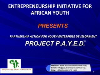 ENTREPRENEURSHIP INITIATIVE FOR
                   AFRICAN YOUTH

                                                                  PRESENTS
                PARTNERSHIP ACTION FOR YOUTH ENTERPRISE DEVELOPMENT

                                                         PROJECT P.A.Y.E.D.
                                                                             TM




Entrepreneurship Initiative for African Youth
     Building Young Entrepreneurs…Transforming Africa’s Economy
                                                                                  1
 