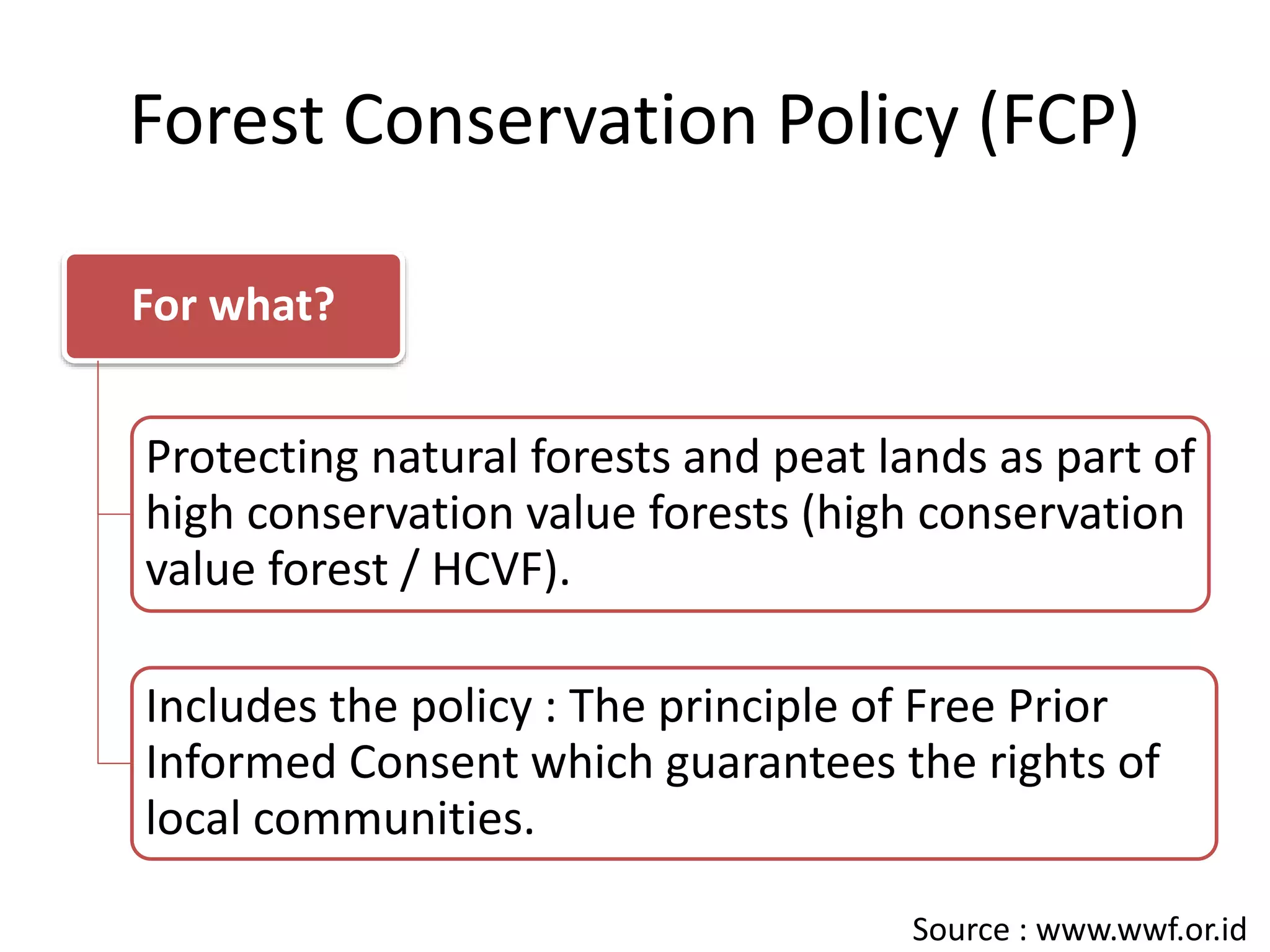 Forest Conservation Policy (FCP)
For what?
Protecting natural forests and peat lands as part of
high conservation value forests (high conservation
value forest / HCVF).
Includes the policy : The principle of Free Prior
Informed Consent which guarantees the rights of
local communities.
Source : www.wwf.or.id
 