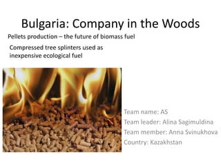 Bulgaria: Company in the Woods
Team name: AS
Team leader: Alina Sagimuldina
Team member: Anna Svinukhova
Country: Kazakhstan
Pellets production – the future of biomass fuel
Compressed tree splinters used as
inexpensive ecological fuel
 