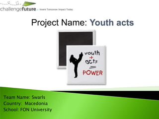 Project Name: Youth acts
Team Name: Swarls
Country: Macedonia
School: FON University
 