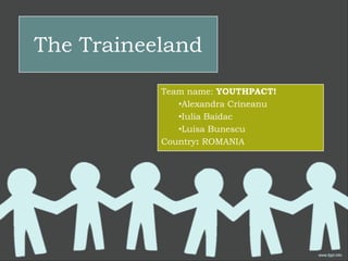 The Traineeland
           Team name: YOUTHPACT!
              •Alexandra Crineanu
              •Iulia Baidac
              •Luisa Bunescu
           Country: ROMANIA
 