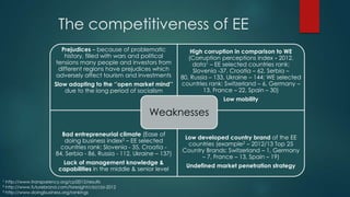 The competitiveness of EE
                          Prejudices – because of problematic              High corruption in comparison to WE
                            history, filled with wars and political       (Corruption perceptions index - 2012.
                        tensions many people and investors from             data1 – EE selected countries rank:
                         different regions have prejudices which            Slovenia -37, Croatia – 62, Serbia –
                        adversely affect tourism and investments       80, Russia – 133, Ukraine – 144; WE selected
                       Slow adapting to the ‘’open market mind’’       countries rank: Switzerland – 6, Germany –
                          due to the long period of socialism                   13, France – 22, Spain – 30)
                                                                                      Low mobility

                                                           Weaknesses

                         Bad entrepreneurial climate (Ease of
                                                                        Low developed country brand of the EE
                          doing business index3 – EE selected
                                                                         countries (example2 – 2012/13 Top 25
                         countries rank: Slovenia - 35, Croatia -
                                                                       Country Brands: Switzerland – 1, Germany
                       84, Serbia - 86, Russia - 112, Ukraine – 137)
                                                                             – 7, France – 13, Spain – 19)
                          Lack of management knowledge &
                                                                         Undefined market penetration strategy
                         capabilities in the middle & senior level
1 http://www.transparency.org/cpi2012/results
2 http://www.futurebrand.com/foresight/cbi/cbi-2012
3 http://www.doingbusiness.org/rankings
 