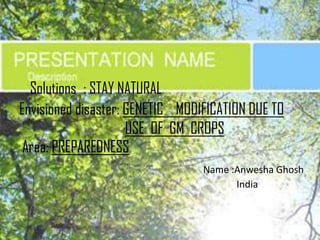 Solutions: STAY NATURAL  Envisioned disaster: GENETIC    MODIFICATION DUE TO   USE  OF  GM  CROPS Area: PREPAREDNESS Name :Anwesha Ghosh                                                                                           India 