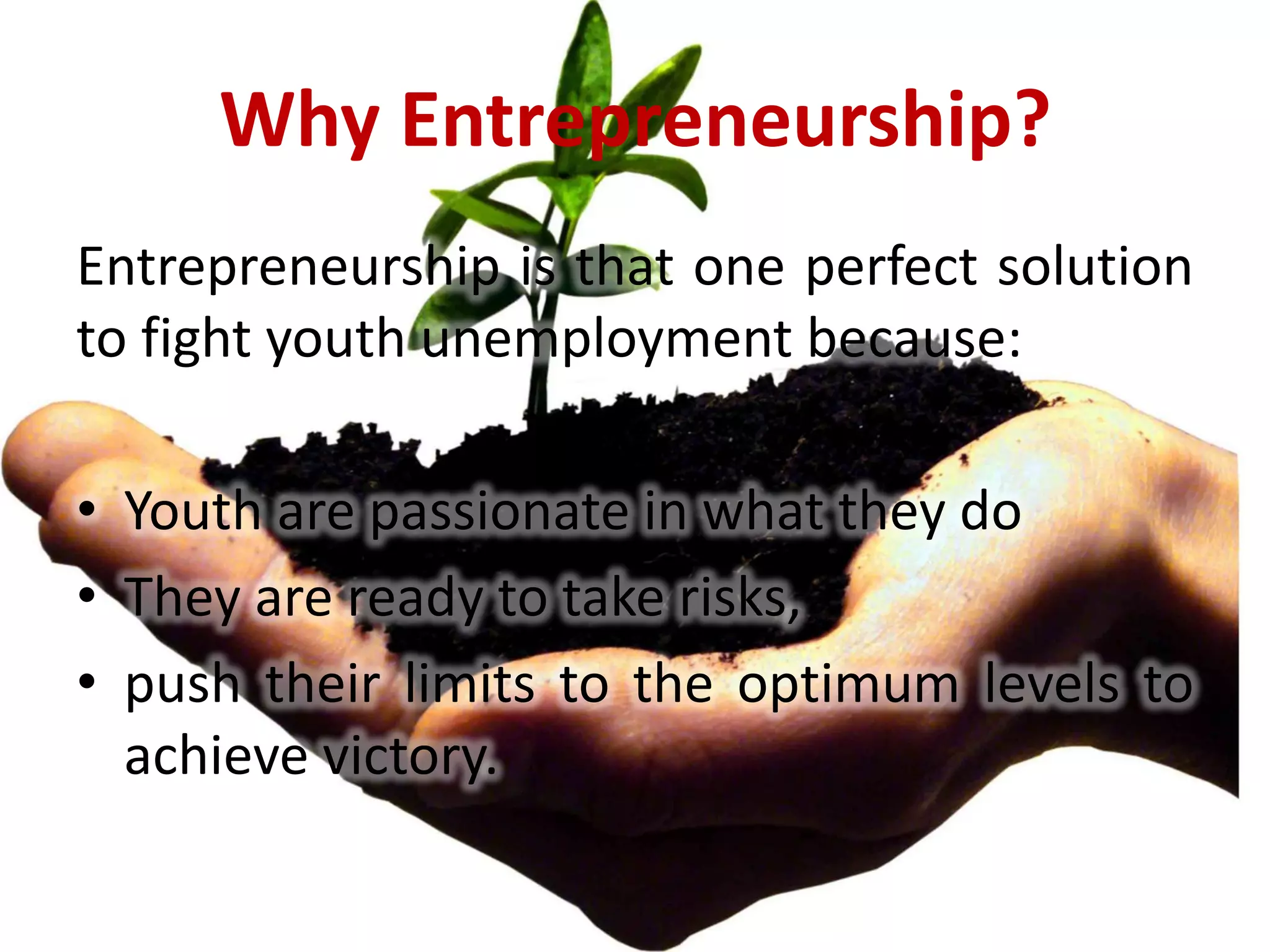 Why Entrepreneurship?
Entrepreneurship is that one perfect solution
to fight youth unemployment because:

• Youth are passionate in what they do
• They are ready to take risks,
• push their limits to the optimum levels to
  achieve victory.
 