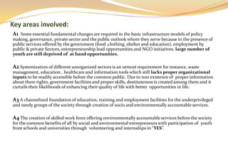 Key areas involved:
A1 Some essential fundamental changes are required in the basic infrastructure models of policy
making, governance, private sector and the public outlook whom they serve because in the presence of
public services offered by the government (food ,clothing ,shelter and education), employment by
public & private Sectors, entrepreneurship lead opportunities and NGO initiatives; large number of
youth are still deprived of at hand opportunities.

A2 Systemization of different unorganized sectors is an utmost requirement for instance, waste
management, education , healthcare and information tools which still lacks proper organizational
inputs to be readily accessible before the common public. Due to non existence of proper information
about there rights, government facilities and proper skills, destituteness is created among them and it
curtails their likelihoods of enhancing their quality of life with better opportunities in life.

A3 A channelized foundation of education, training and employment facilities for the underprivileged
and needy groups of the society through creation of socio and environmentally accountable services.

A4 The creation of skilled work force offering environmentally accountable services before the society
for the common benefits of all by social and environmental entrepreneurs with participation of youth
from schools and universities through volunteering and internships in “YES”.
 