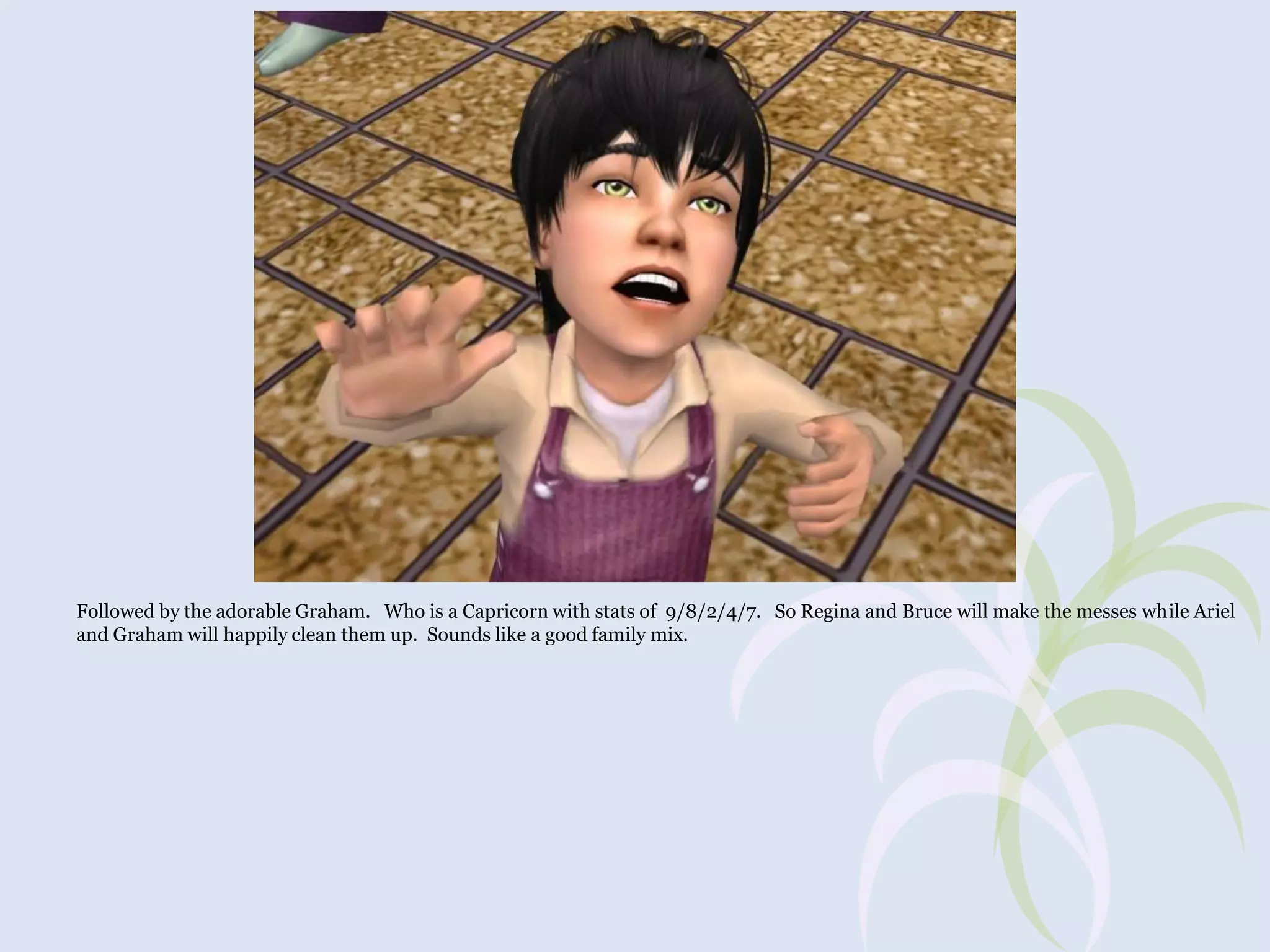Followed by the adorable Graham. Who is a Capricorn with stats of 9/8/2/4/7. So Regina and Bruce will make the messes while Ariel
and Graham will happily clean them up. Sounds like a good family mix.

 