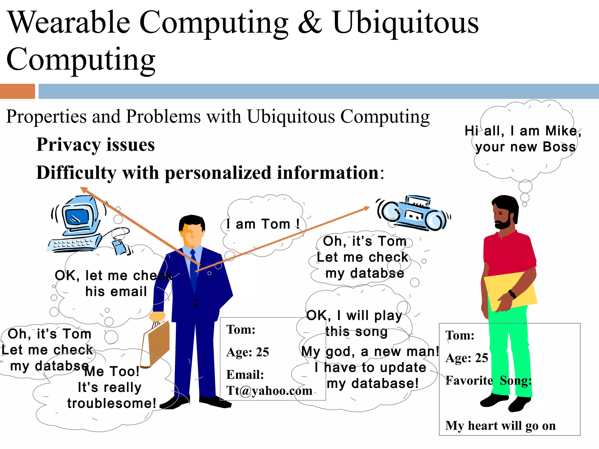 Wearable Computing & Ubiquitous
Computing
Properties and Problems with Ubiquitous Computing
Privacy issues
Difficulty with personalized information:
I am Tom !
Oh, it’s Tom
Let me check
my databse
Oh, it’s Tom
Let me check
my databse
Tom:
Age: 25
Favorite Song:
My heart will go on
Tom:
Age: 25
Email:
Tt@yahoo.com
OK, let me check
his email
OK, I will play
this song
Hi all, I am Mike,
your new Boss
My god, a new man!
I have to update
my database!
Me Too!
It’s really
troublesome!
 