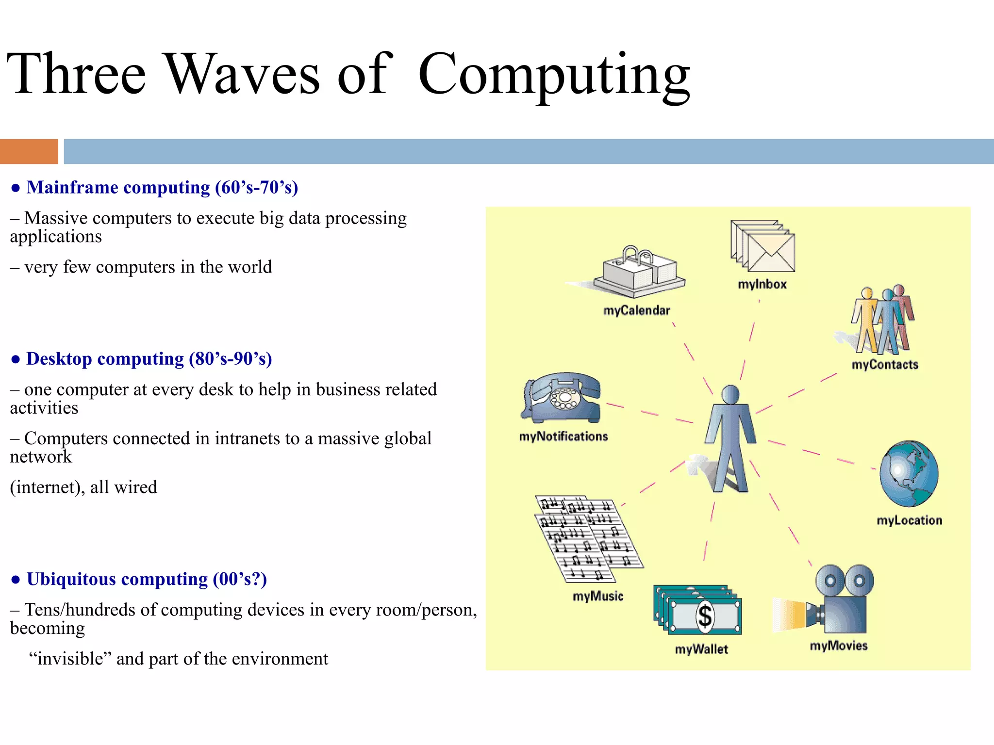 Three Waves of Computing
● Mainframe computing (60’s-70’s)
– Massive computers to execute big data processing
applications
– very few computers in the world
● Desktop computing (80’s-90’s)
– one computer at every desk to help in business related
activities
– Computers connected in intranets to a massive global
network
(internet), all wired
● Ubiquitous computing (00’s?)
– Tens/hundreds of computing devices in every room/person,
becoming
“invisible” and part of the environment
 