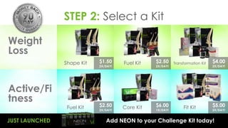 STEP 2: Select a Kit
Weight
Loss
Active/Fi
tness
Fuel Kit Fit KitCore Kit
Transformation KitShape Kit Fuel Kit
$5.00
2X/DAY!
$4.00
2X/DAY!
$6.00
1X/DAY!
$2.50
2X/DAY!
$2.50
2X/DAY!
$1.50
2X/DAY!
JUST LAUNCHED Add NEON to your Challenge Kit today!
 