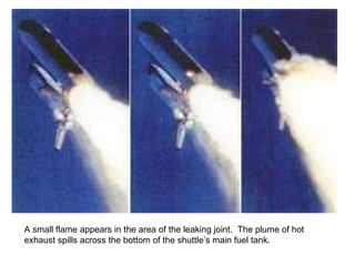 A small flame appears in the area of the leaking joint.  The plume of hot exhaust spills across the bottom of the shuttle’s main fuel tank. 