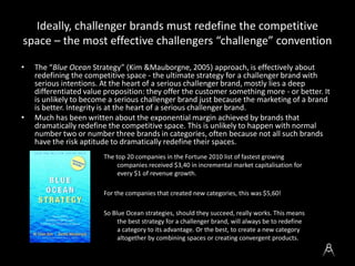 Ideally, challenger brands must redefine the competitive
space – the most effective challengers “challenge” convention
•

...